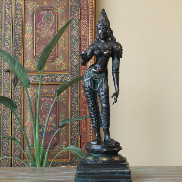 Standing Parvati Brass Sculpture 24"| Chola Style Spiritual Art