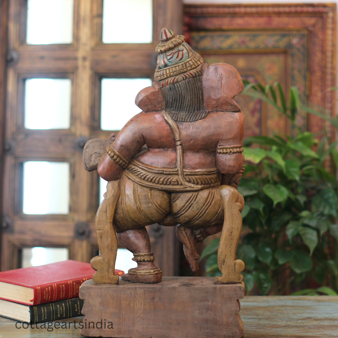 Handcrafted Wooden Lord Ganesha Playing Veena – Vintage Antique Finish
