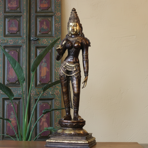 Handcrafted Uma Parvati Sculpture 27" | Chola Inspired South Indian Goddess Statue