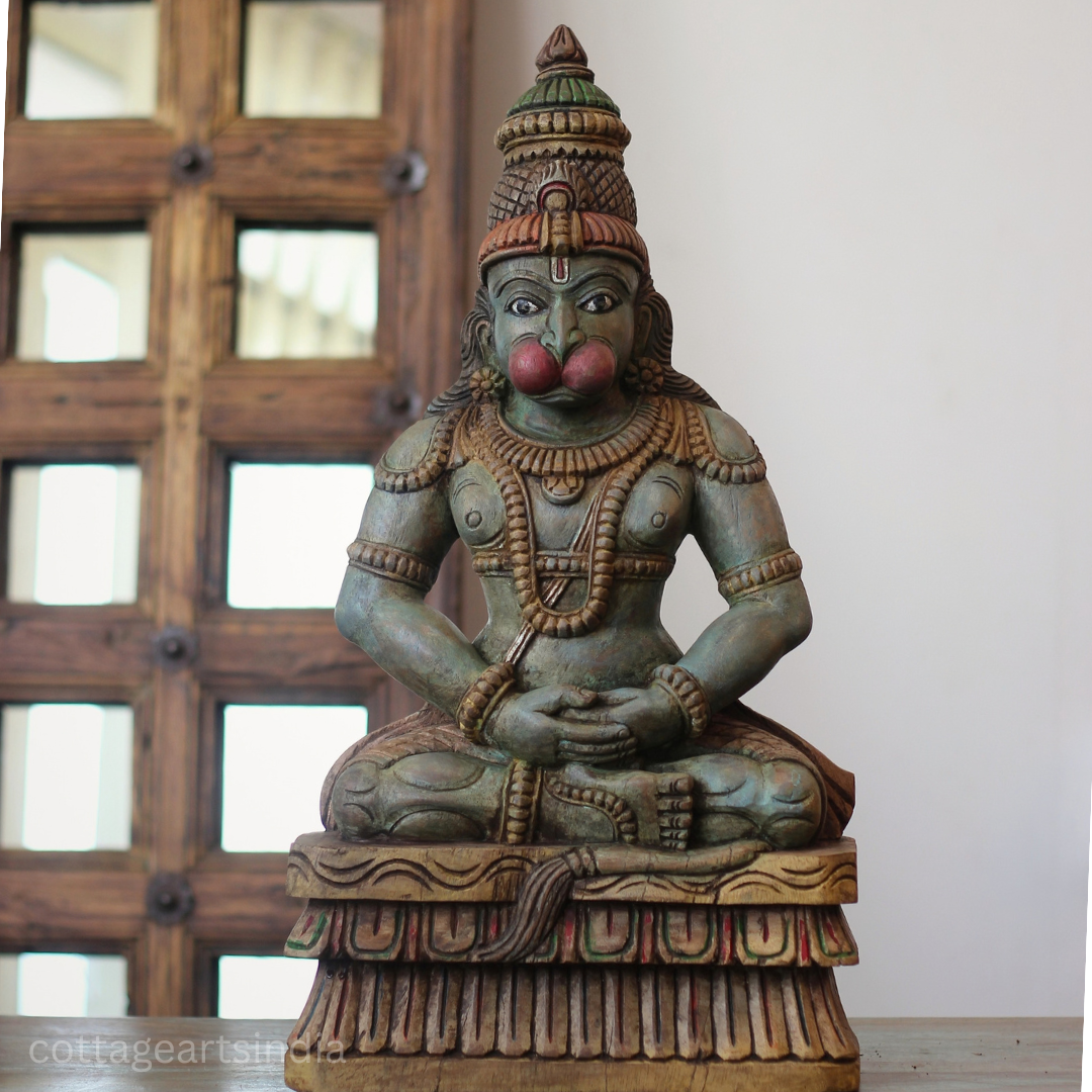 Handcrafted 23 " Wooden Hanuman in Meditative Posture