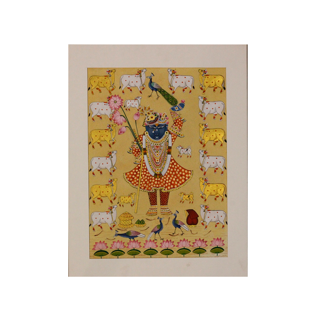 Sacred Shrinathji Pichwai Painting with Gold Accents on Paper