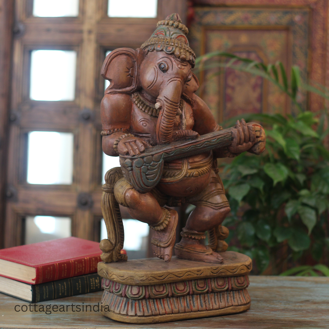 Handcrafted Wooden Lord Ganesha Playing Veena – Vintage Antique Finish