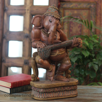 Handcrafted Wooden Lord Ganesha Playing Veena – Vintage Antique Finish