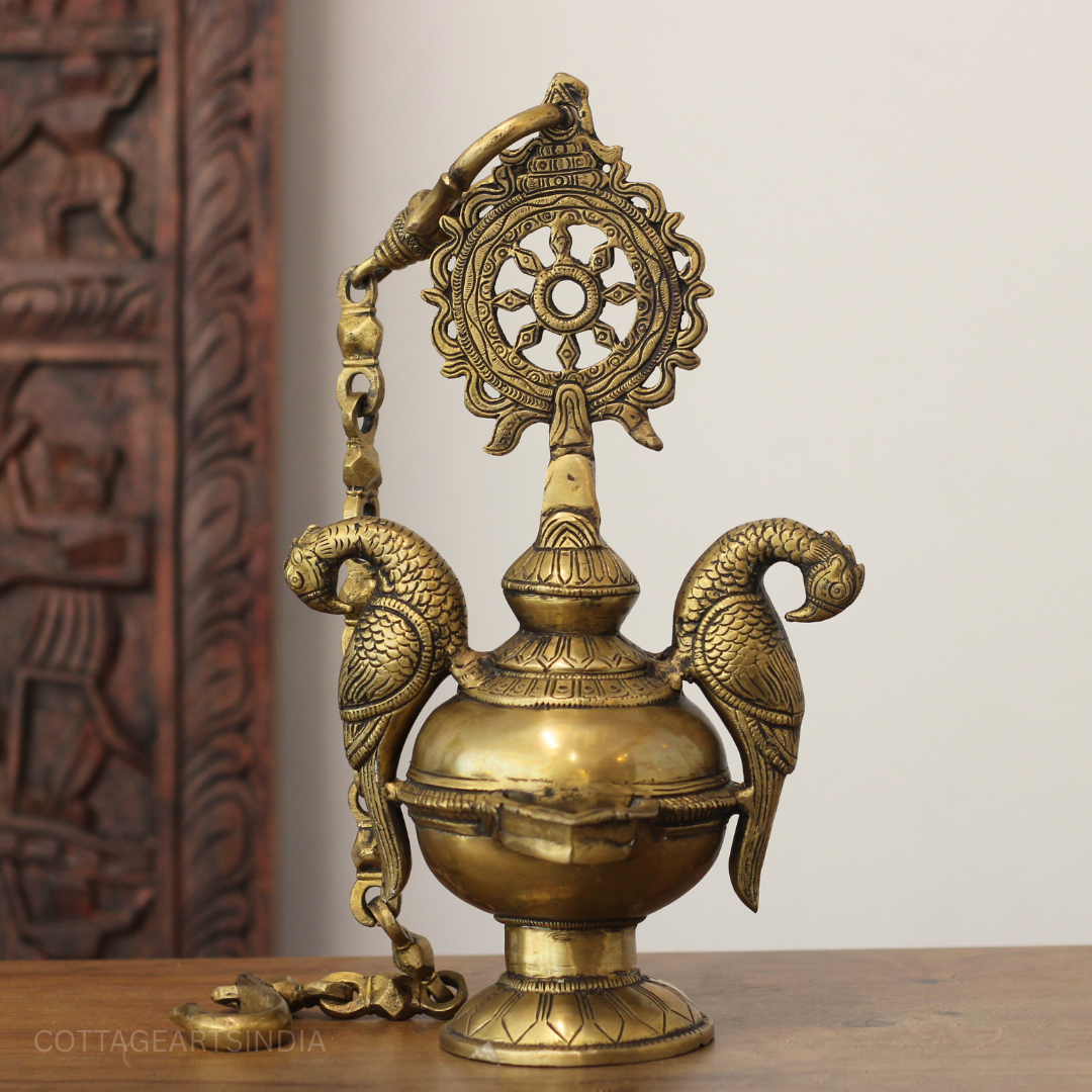 Traditional Brass Hanging Lamp with Parrots