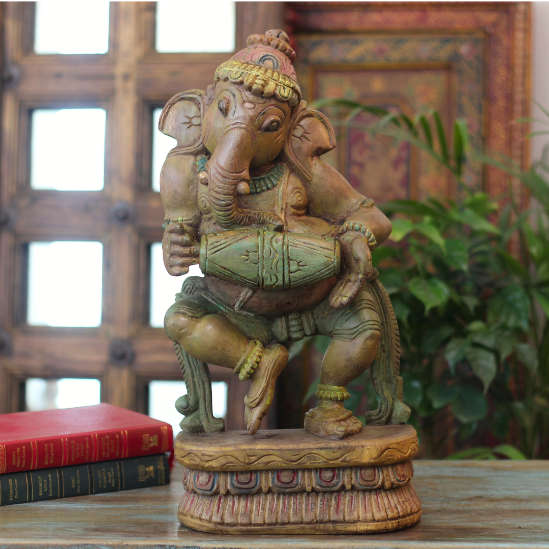 Handcrafted Wooden Ganesha Playing Mridangam | Cottage Arts