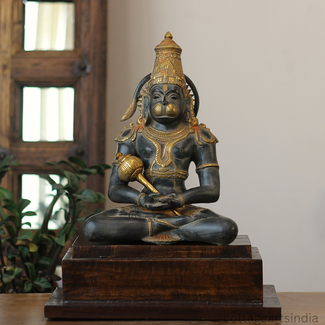 Brass Meditating Hanuman – Matte Black and Antique Gold Finish