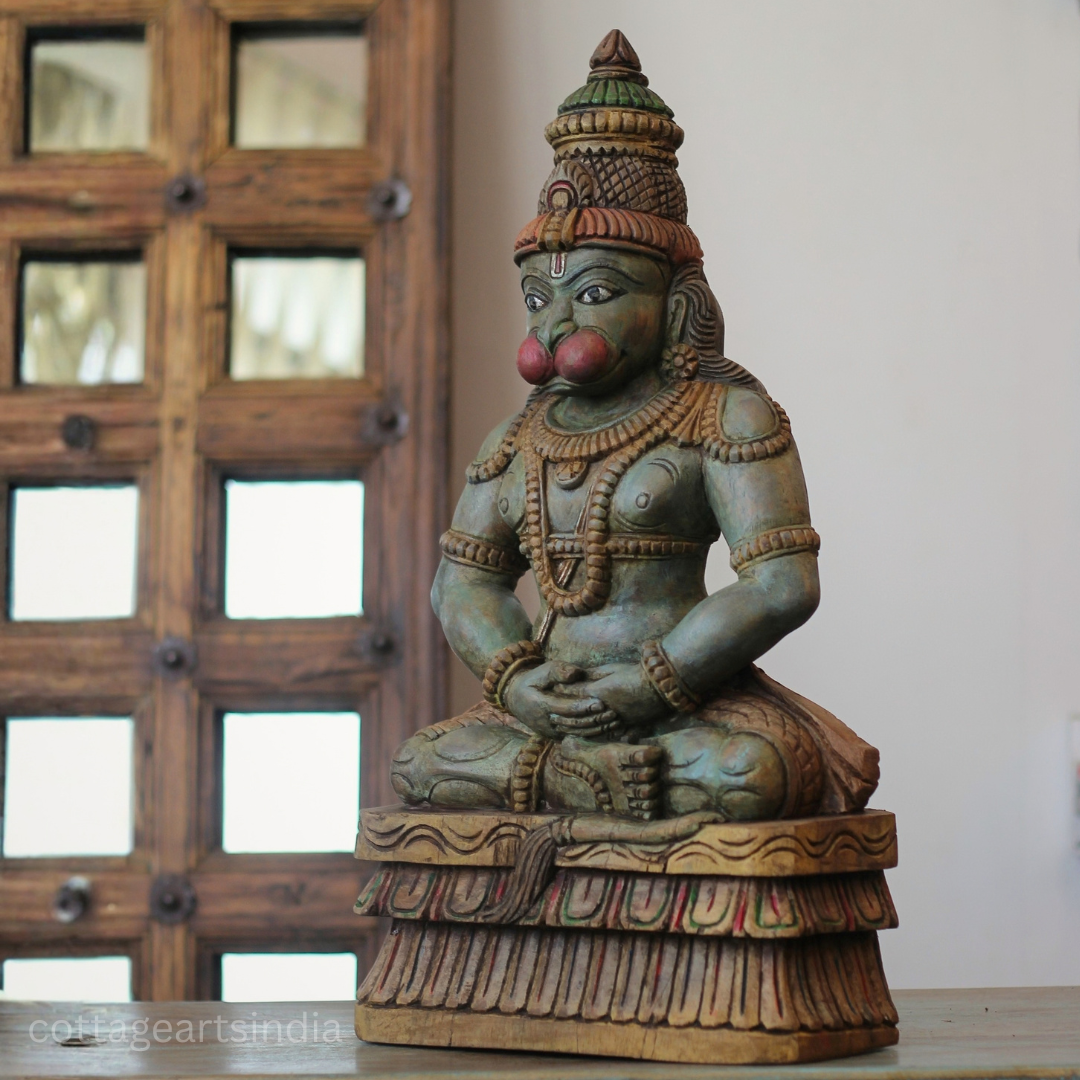 Handcrafted 23 " Wooden Hanuman in Meditative Posture