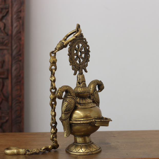 Traditional Brass Hanging Lamp with Parrots