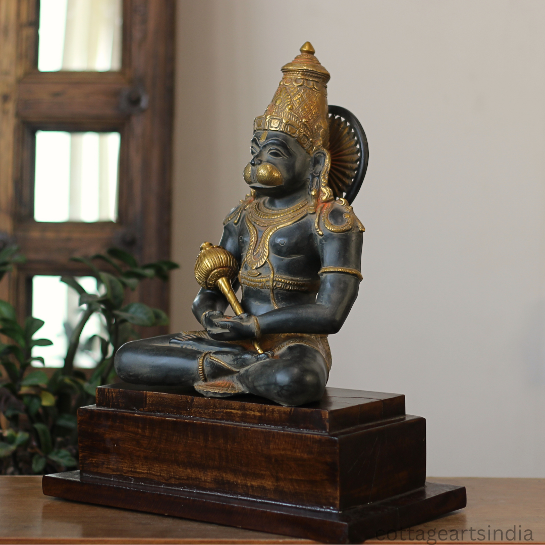 Brass Meditating Hanuman – Matte Black and Antique Gold Finish
