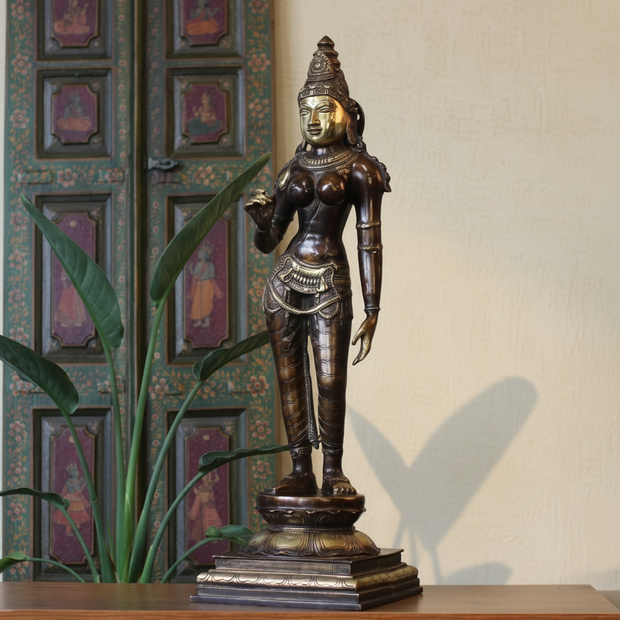 Handcrafted Uma Parvati Sculpture 27" | Chola Inspired South Indian Goddess Statue