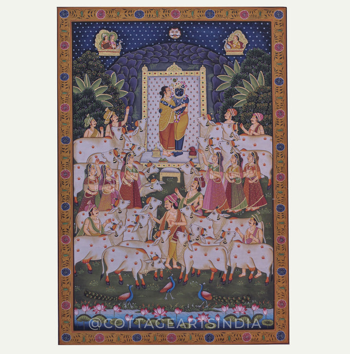 Shrinathji with Swaminiji Amidst Sacred Cows - Devotional Pichwai Painting