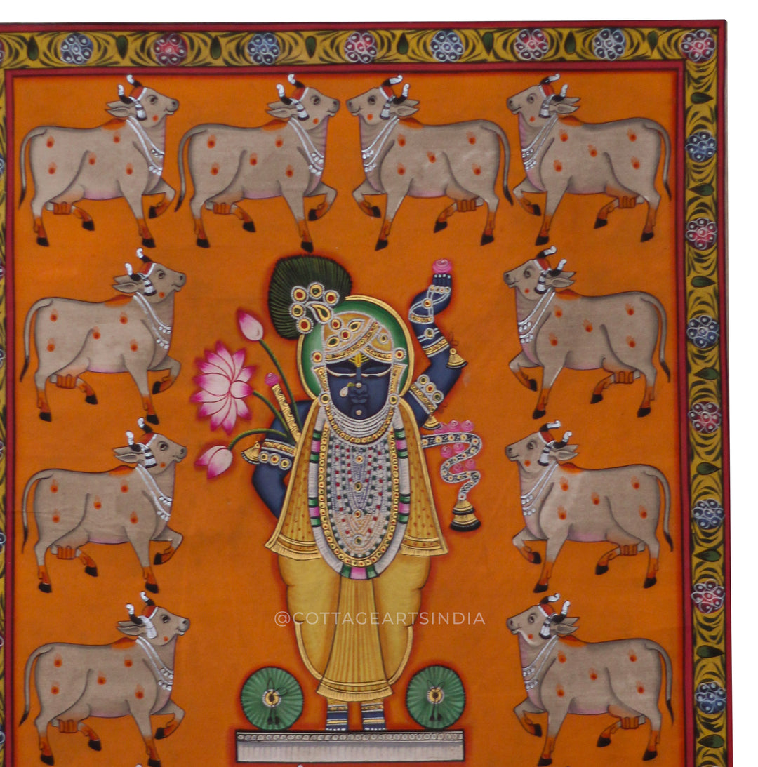 Shrinathji with Sacred Cows on Kesariya Bhumi – Nathdwara Pichwai