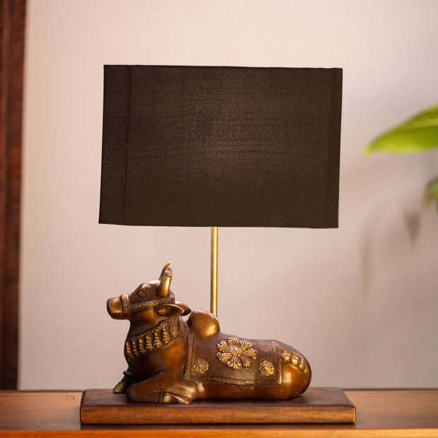 Handcrafted Nandi Bull Table Lamp | Shiva Inspired Decorative Wooden Base Lighting