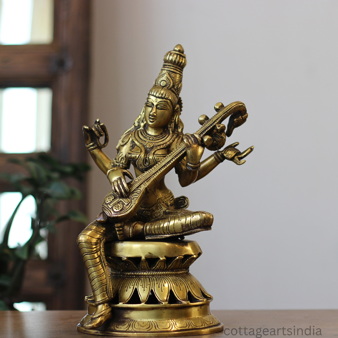 Brass Saraswati on Lotus Stand 13"