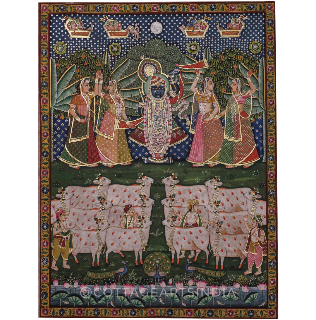 Raas Leela of Shrinathji with Gopis and Sacred Cows -Traditional Pichwai Painting