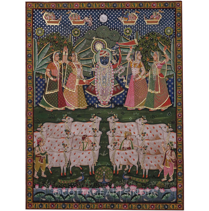 Raas Leela of Shrinathji with Gopis and Sacred Cows -Traditional Pichwai Painting