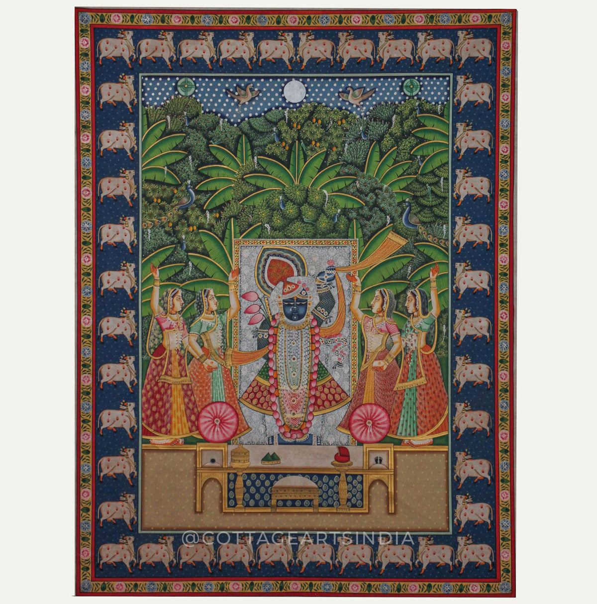 Traditional Pichwai Painting - Shrinathji in Moonlit Vrindavan Forest with Sacred Cow Border