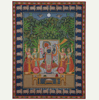 Traditional Pichwai Painting - Shrinathji in Moonlit Vrindavan Forest with Sacred Cow Border