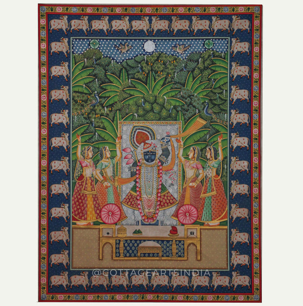 Traditional Pichwai Painting - Shrinathji in Moonlit Vrindavan Forest with Sacred Cow Border