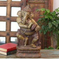 Handcrafted Wooden Ganesha Playing Manjira | Indian Home Decor
