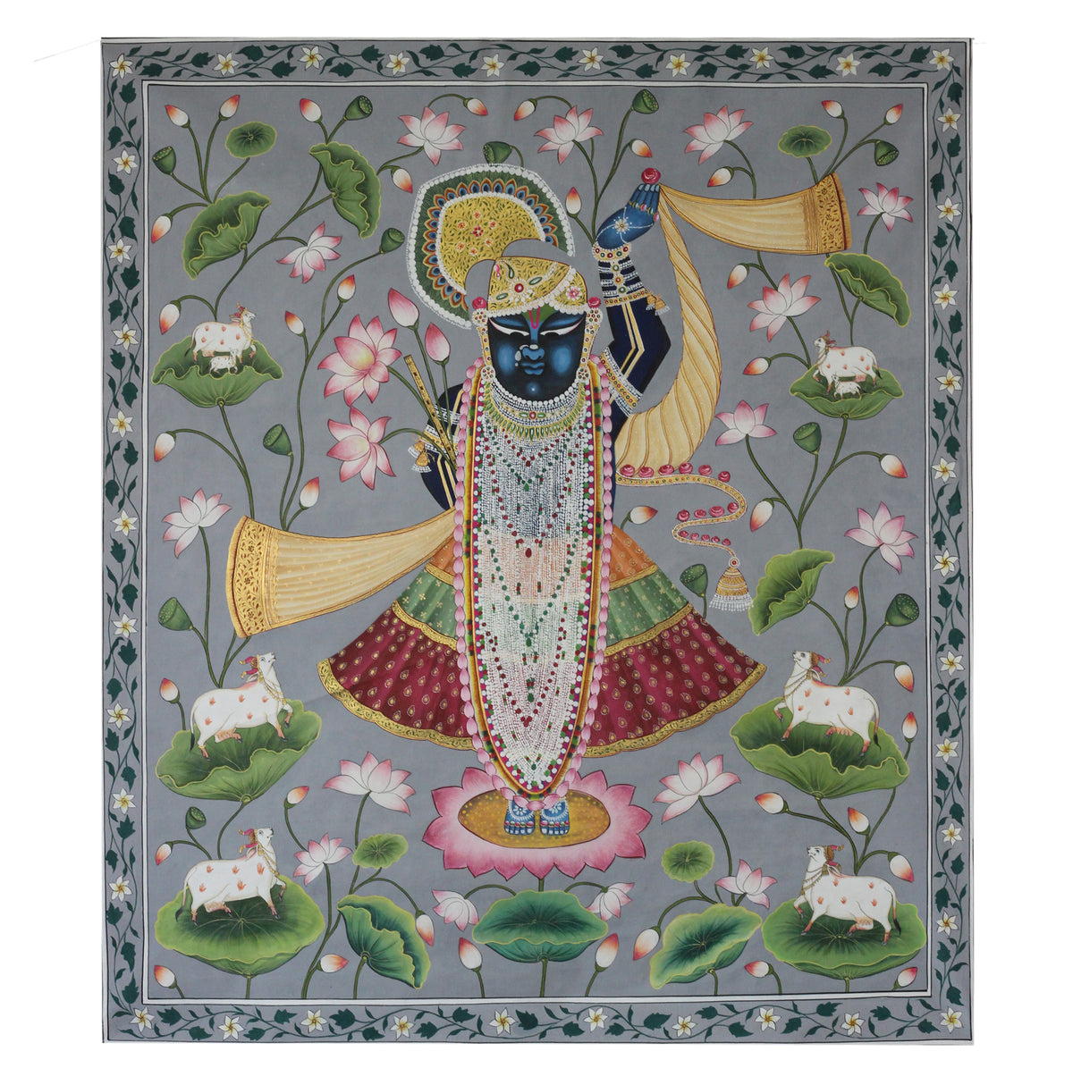 Hand-Painted Shrinathji Pichwai Painting | Traditional Lotus Theme Artwork