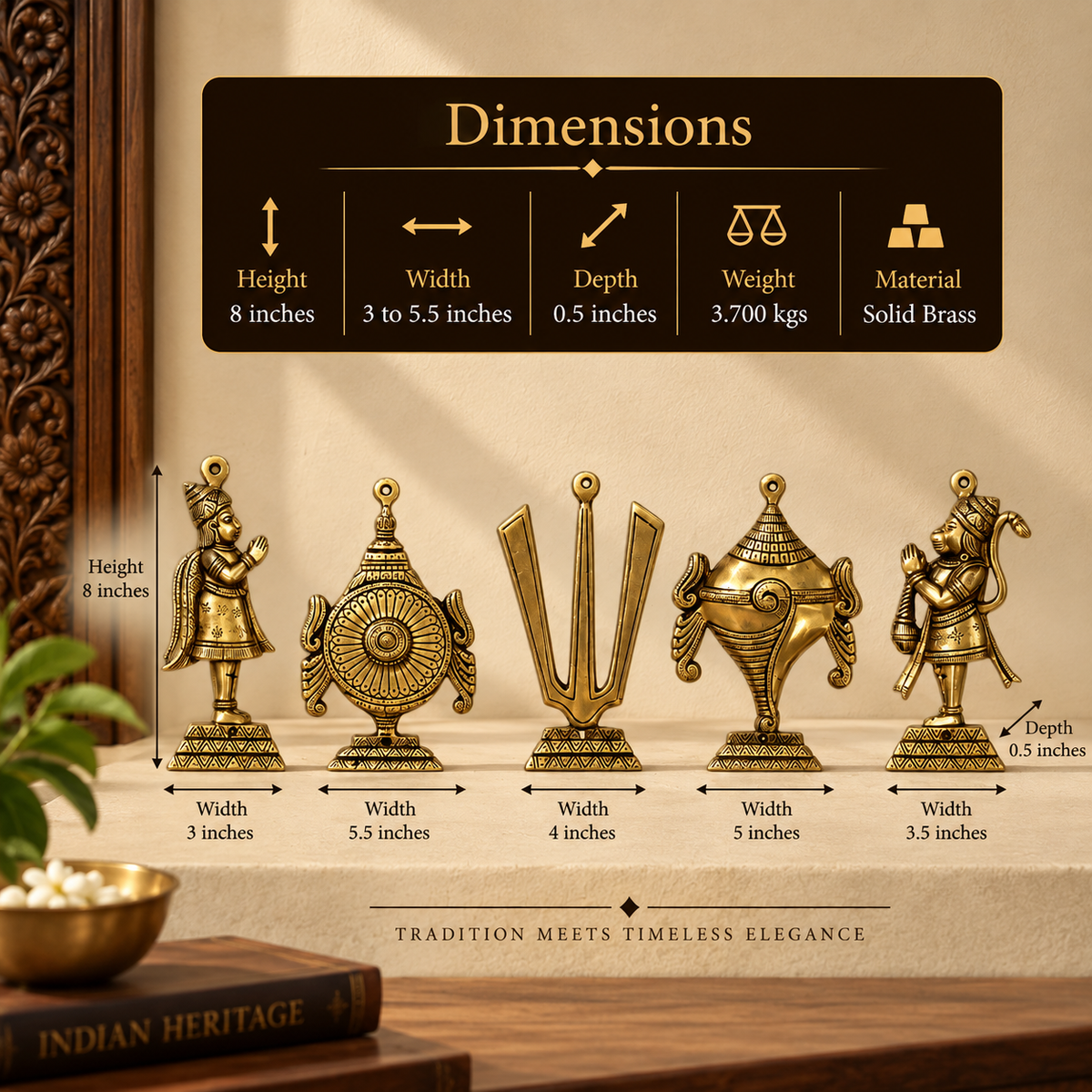 Brass Hanuman Shankha Chakra Namam Garuda Wall Décor Set of 5