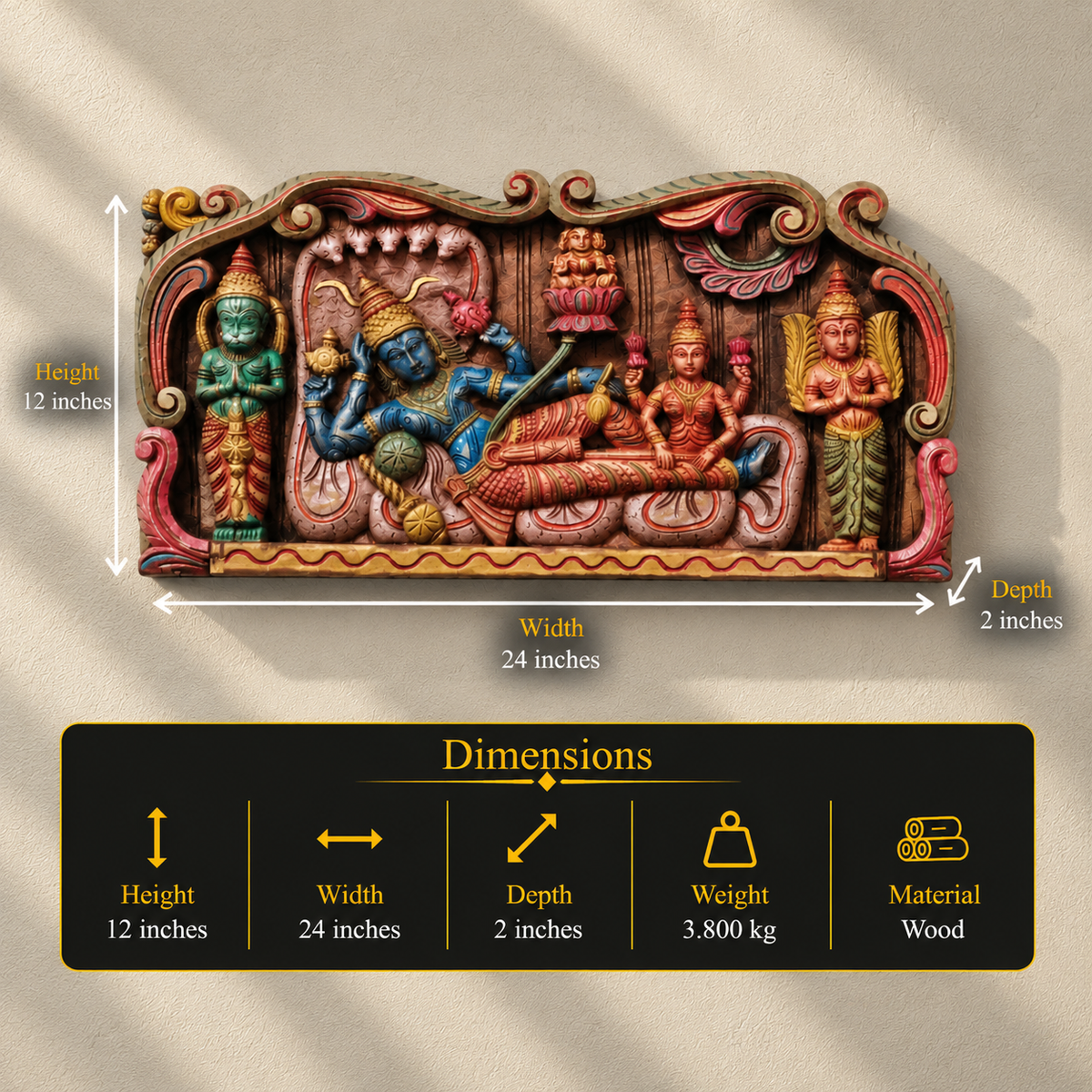 Hand-Carved Wooden Panel of Lord Vishnu on Sheshnag with Garuda & Hanuman – Sacred Wall Art