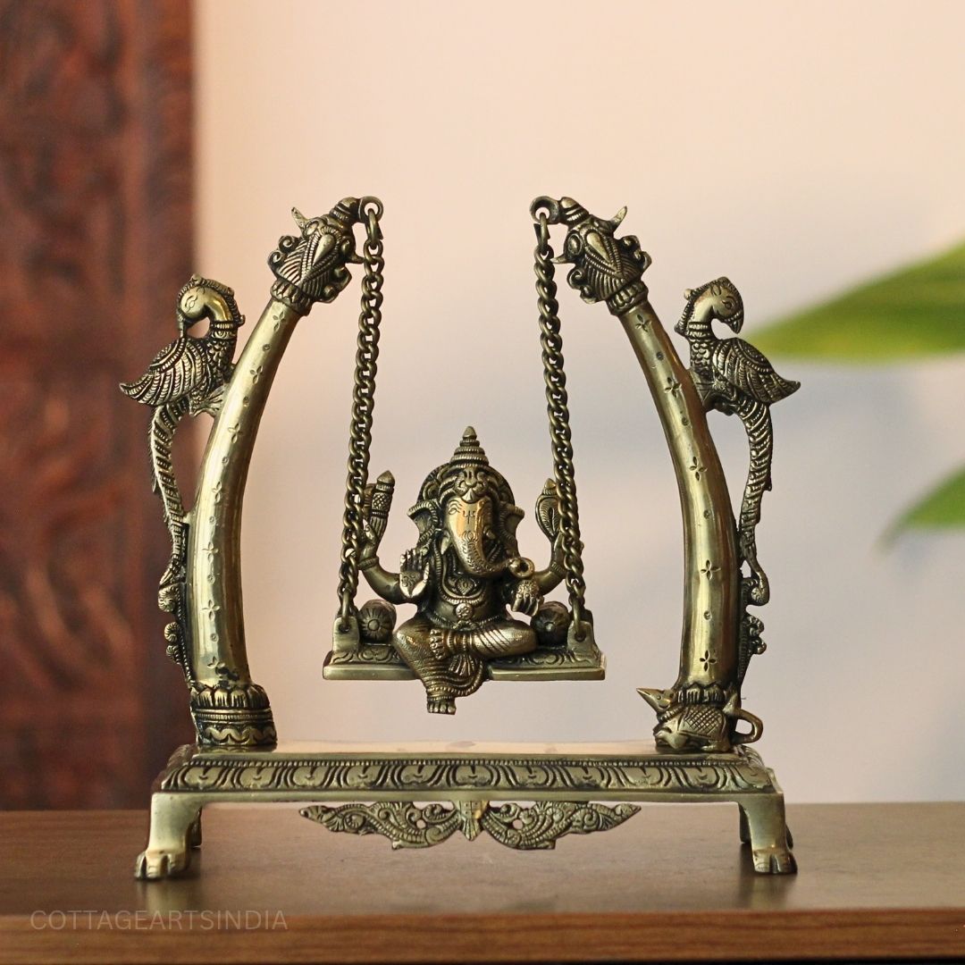 Blessing Lord Ganesha Seated on Parrot Swing | Brass Décor