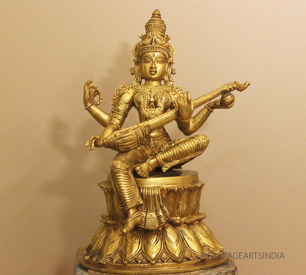 Brass Saraswati on Lotus Fine Carving 15"