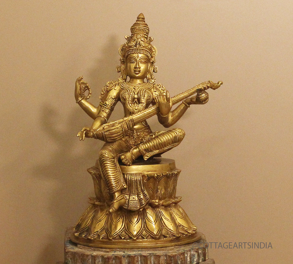 Brass Saraswati on Lotus Fine Carving 15"