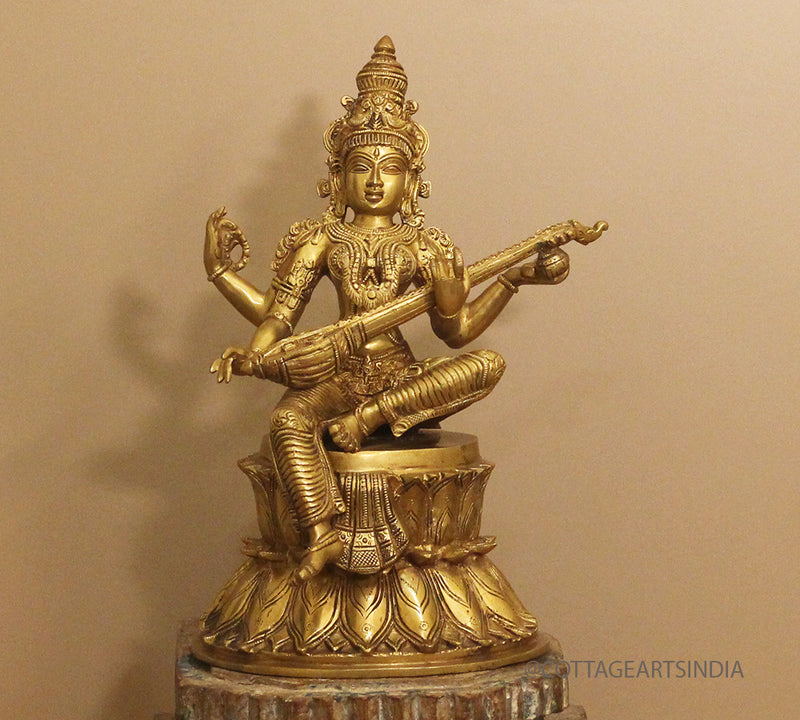 Brass Saraswati on Lotus Fine Carving 15"