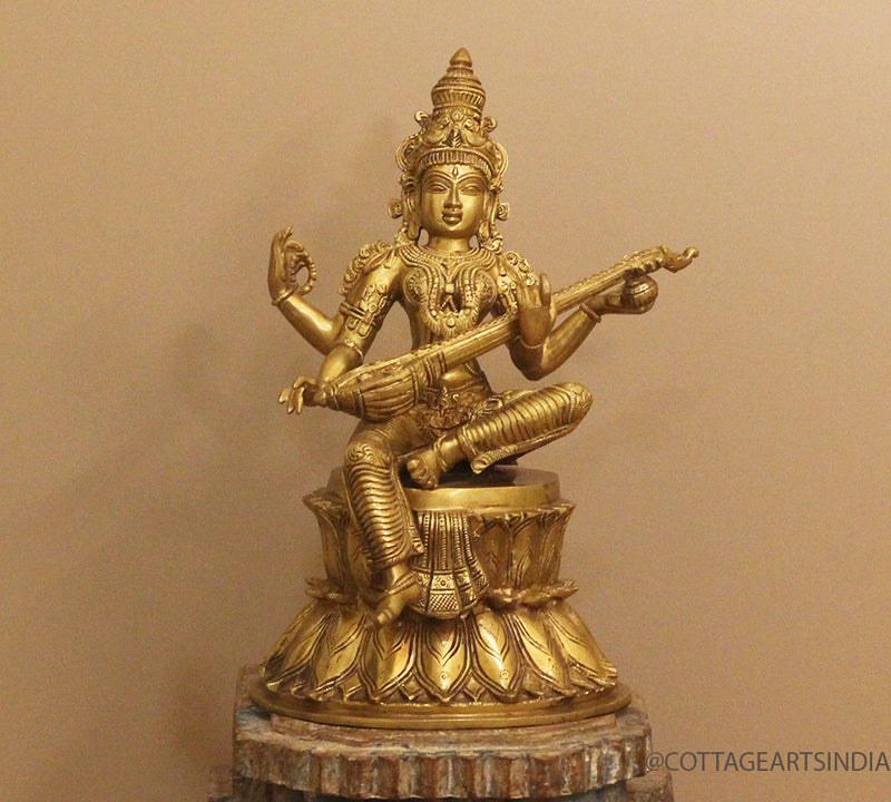 Brass Saraswati on Lotus Fine Carving 15"