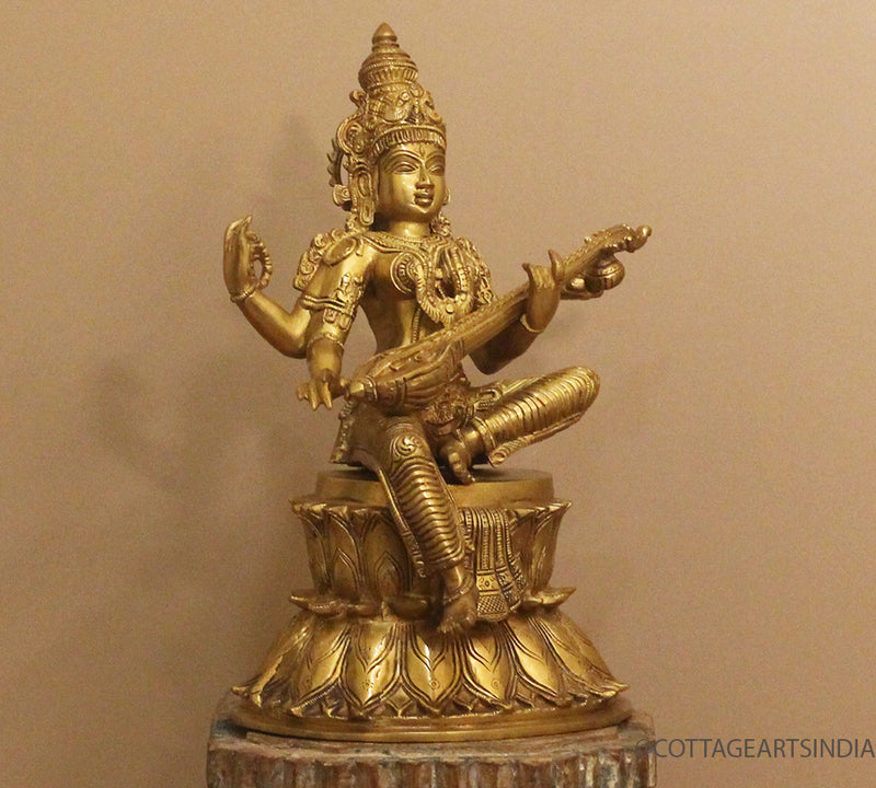 Brass Saraswati on Lotus Fine Carving 15"