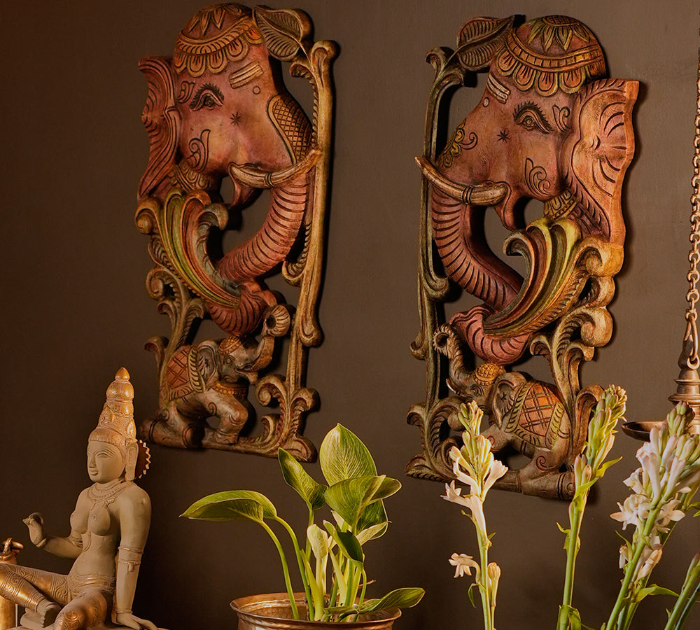 Wooden Elephant Wall Hanging Panel-Pair