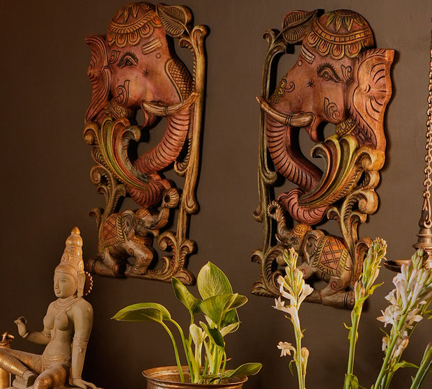 Wooden Elephant Wall Hanging Panel-Pair