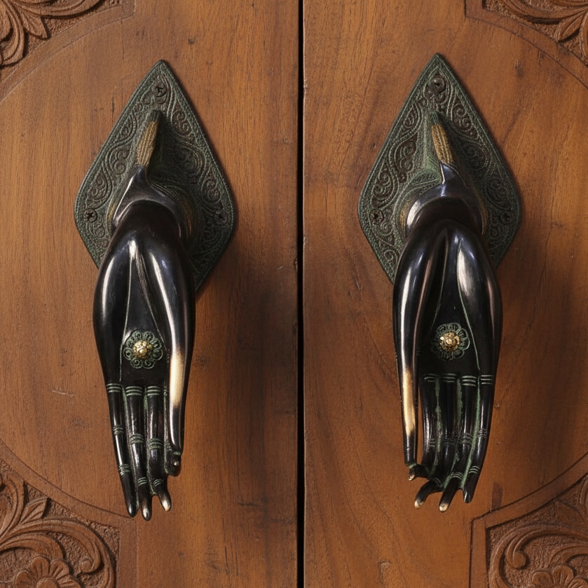 Brass Door Handles Pair | Blessing & Meditation Hands