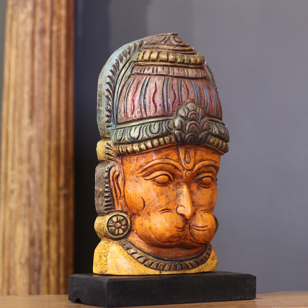 Wooden Hanuman Mask on Stand 12"