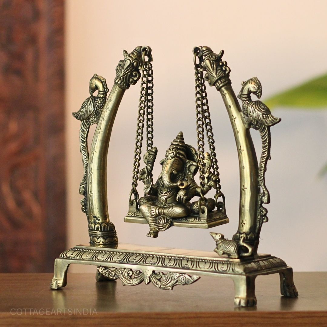 Blessing Lord Ganesha Seated on Parrot Swing | Brass Décor