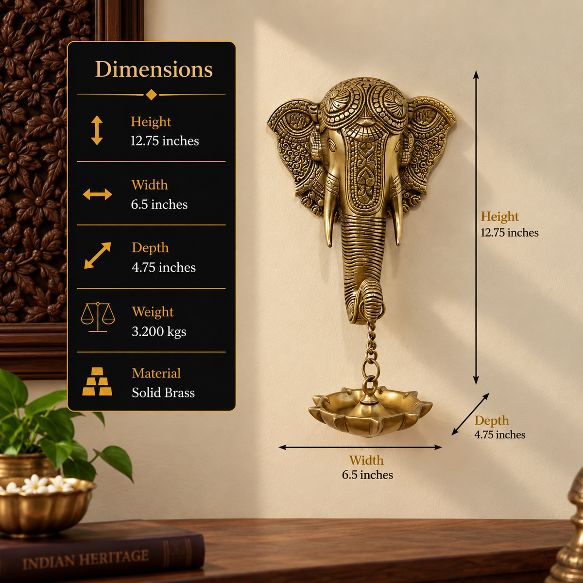 Handcrafted Brass Elephant Wall Hanging with Lotus Diya | Traditional Indian Wall Décor