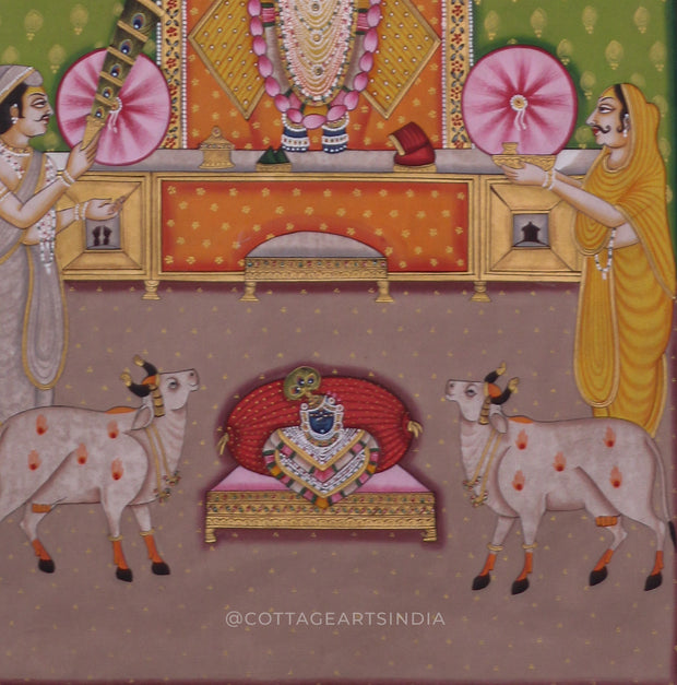 Shrinathji Pichwai Painting with Devotees and Cows