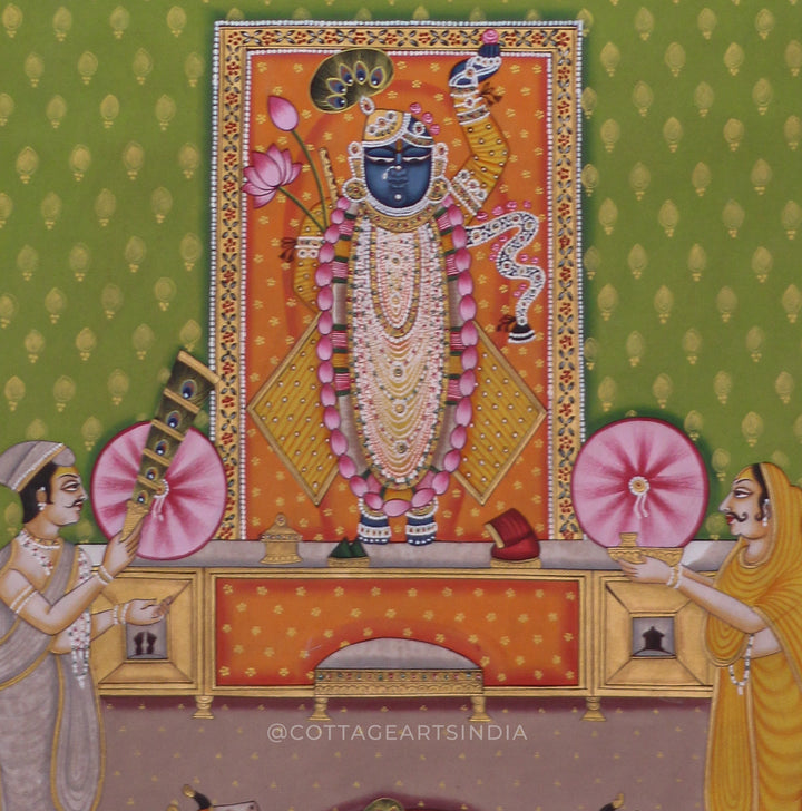 Shrinathji Pichwai Painting with Devotees and Cows