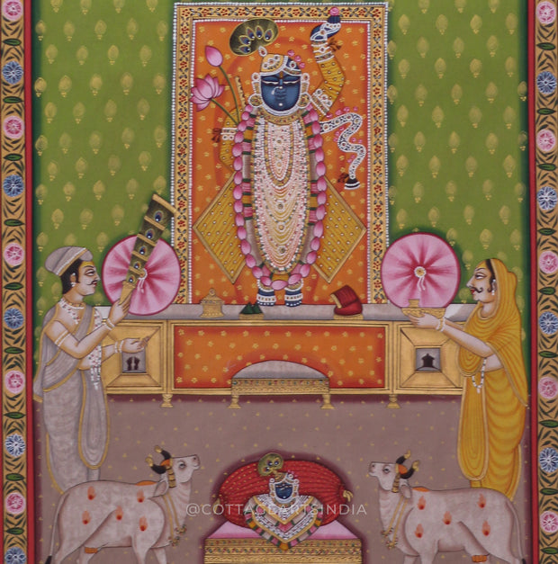 Shrinathji Pichwai Painting with Devotees and Cows