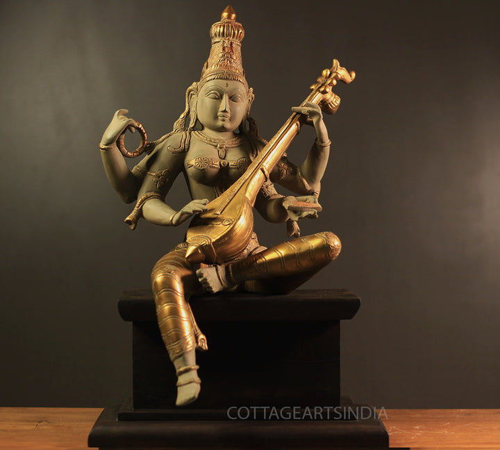 Brass Saraswati in Rustic Patina Finish