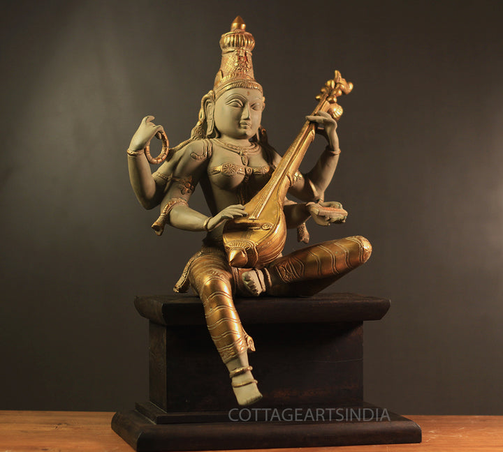 Brass Saraswati in Rustic Patina Finish