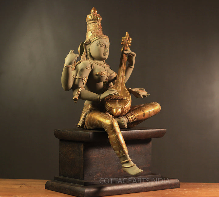 Brass Saraswati in Rustic Patina Finish