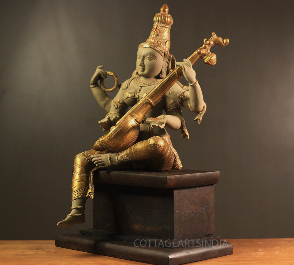 Brass Saraswati in Rustic Patina Finish