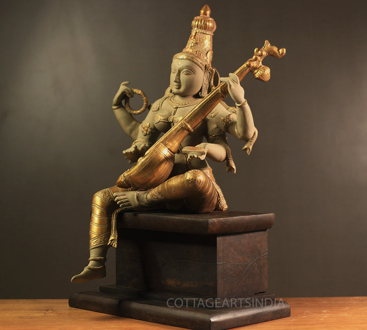 Brass Saraswati in Rustic Patina Finish