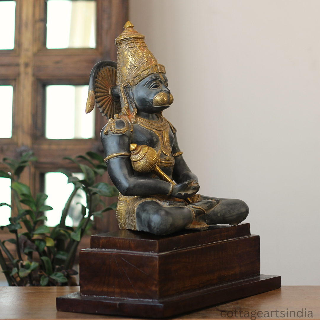 Brass Meditating Hanuman – Matte Black and Antique Gold Finish