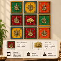 Wooden Handpainted Framed Brass Ashtalakshmi And Lotus -Set of 9