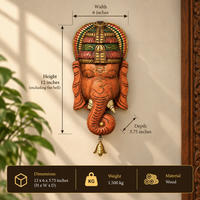Wooden Ganesha Mask Wall Hanging 12"
